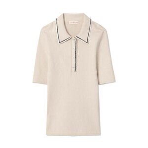 Tory Burch Stitch-Trim Ribbed Mila Polo Shirt M